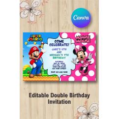 Twin Super Mario and Minnie Mouse Invitation | Canva Template